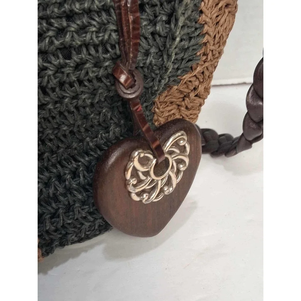 Brighton Hobo Purse Brown‎ Tan Crochet Leather Heart Charm Shoulder Bag